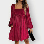 Sophie Long-Sleeve Pleated Velvet Dress with Square Neckline