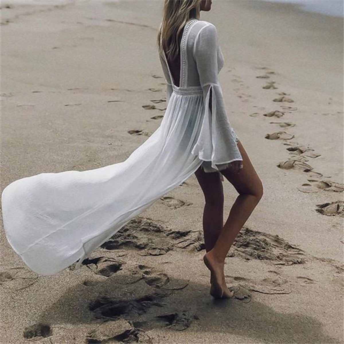 Marlene Long-Sleeve Backless Maxi Tunic Beach Dress