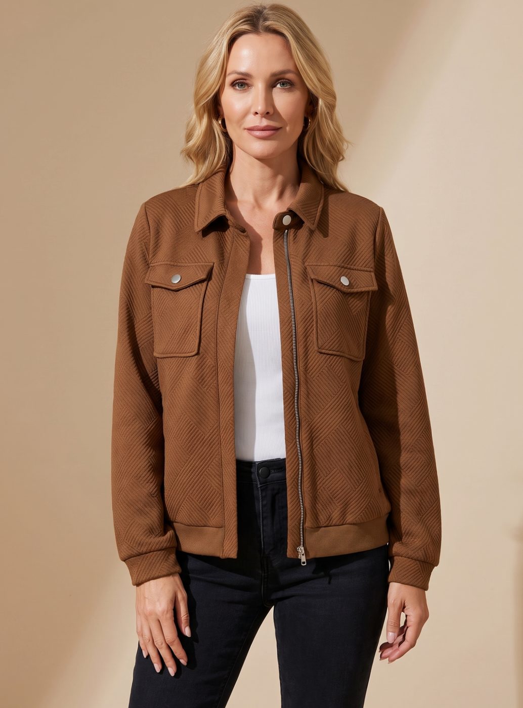 Johanna Long Sleeve Quilted Jacket with Chest Pockets and Shirt Collar