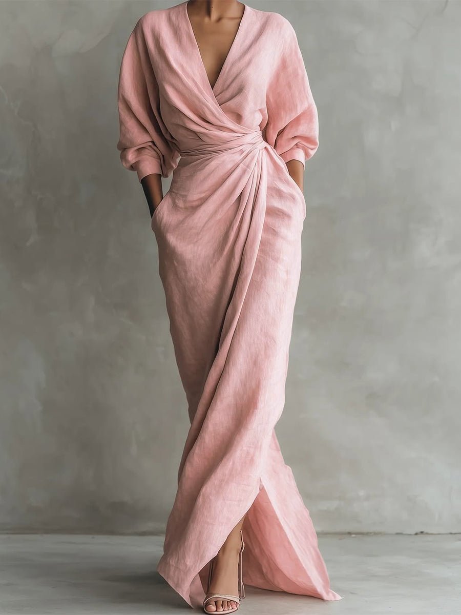 Hannah Long-Sleeve V-Neck Wrap Maxi Dress