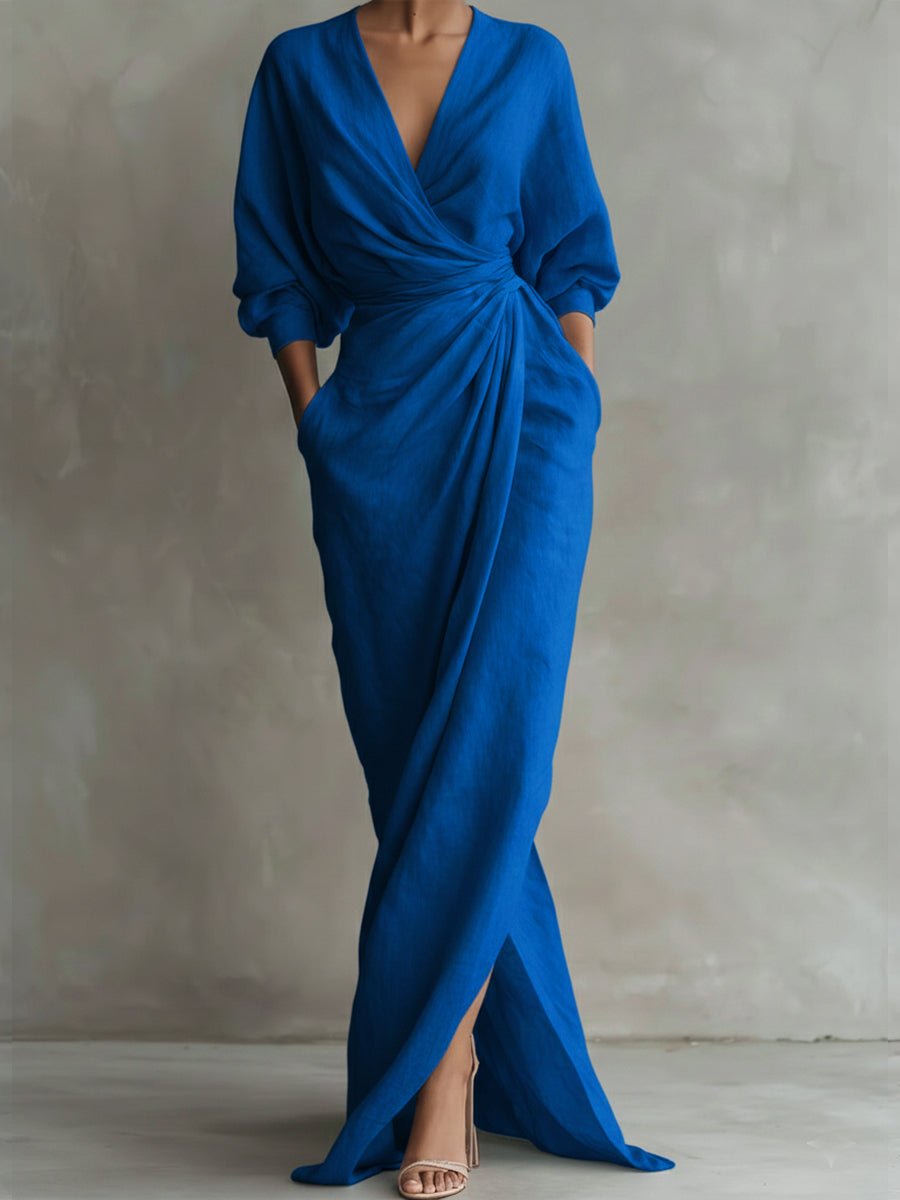 Hannah Long-Sleeve V-Neck Wrap Maxi Dress