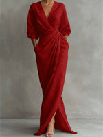 Hannah Long-Sleeve V-Neck Wrap Maxi Dress
