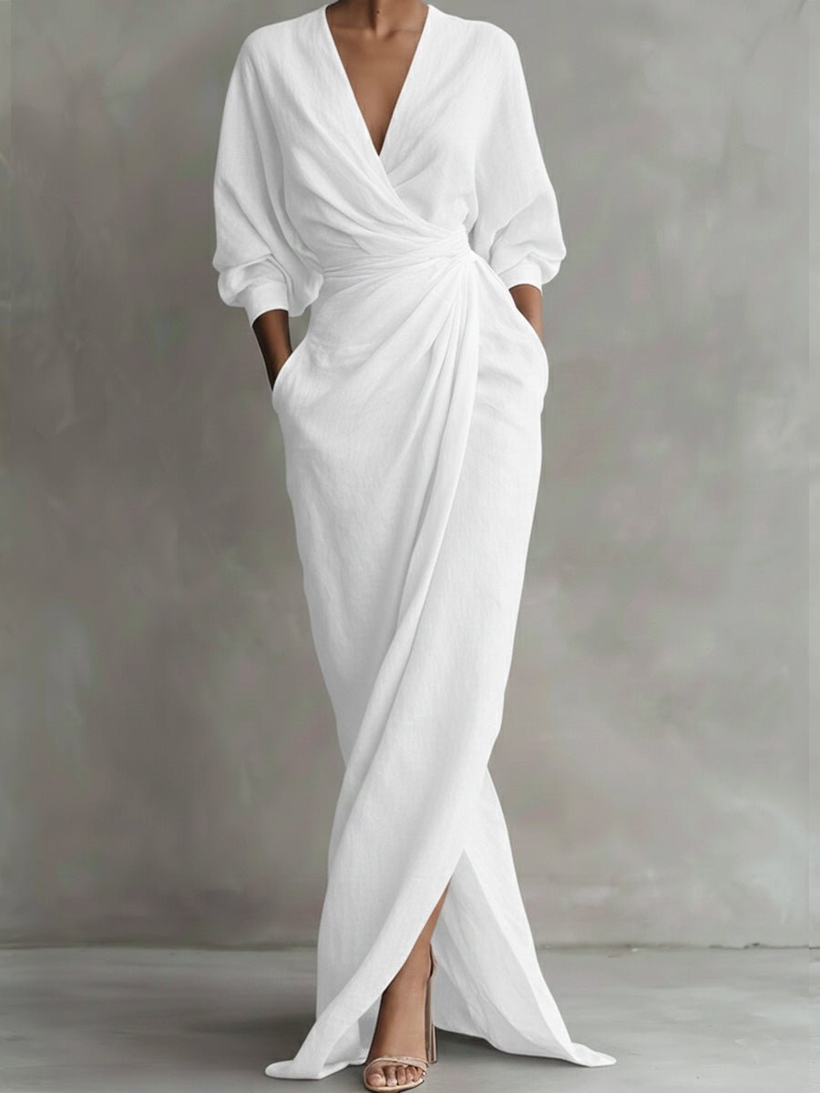 Hannah Long-Sleeve V-Neck Wrap Maxi Dress