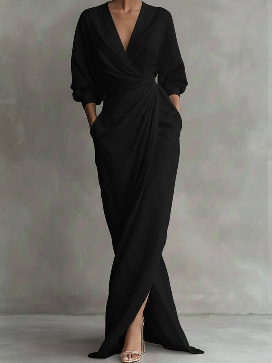 Hannah Long-Sleeve V-Neck Wrap Maxi Dress