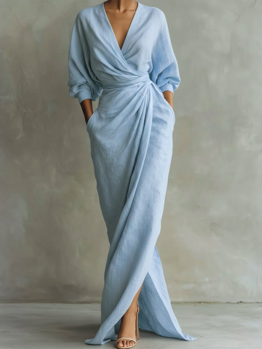 Hannah Long-Sleeve V-Neck Wrap Maxi Dress