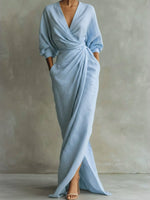 Hannah Long-Sleeve V-Neck Wrap Maxi Dress