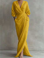 Hannah Long-Sleeve V-Neck Wrap Maxi Dress
