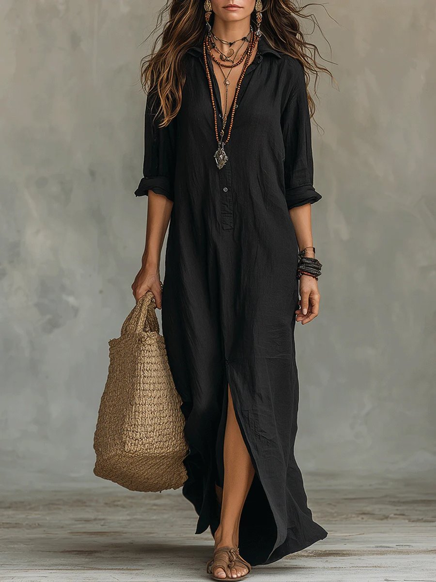 Nora Flowy Button-Front Maxi Shirt Dress