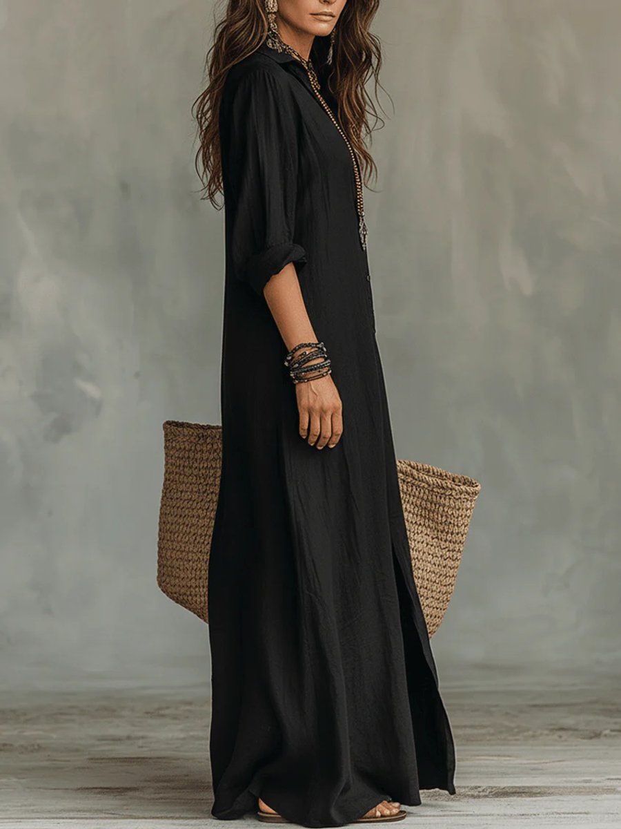 Nora Flowy Button-Front Maxi Shirt Dress