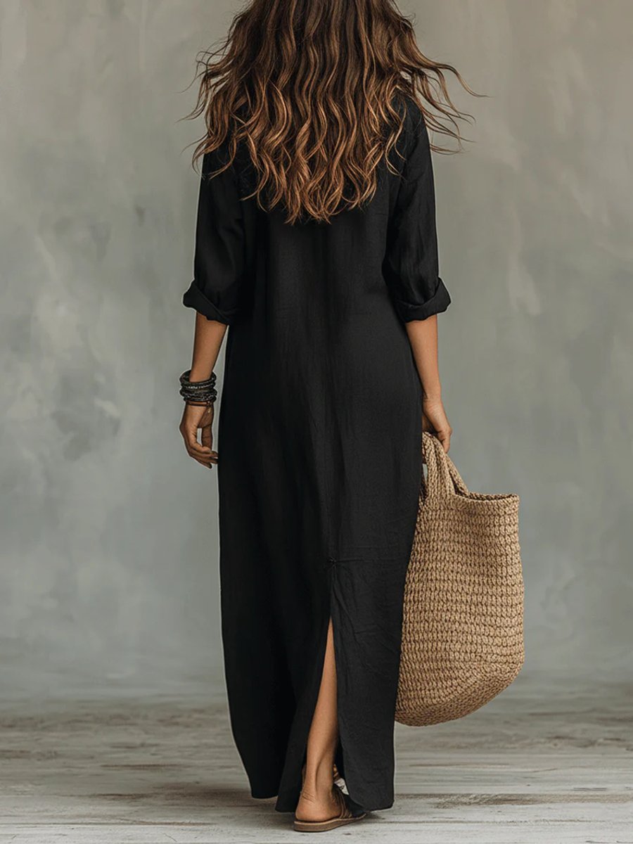 Nora Flowy Button-Front Maxi Shirt Dress