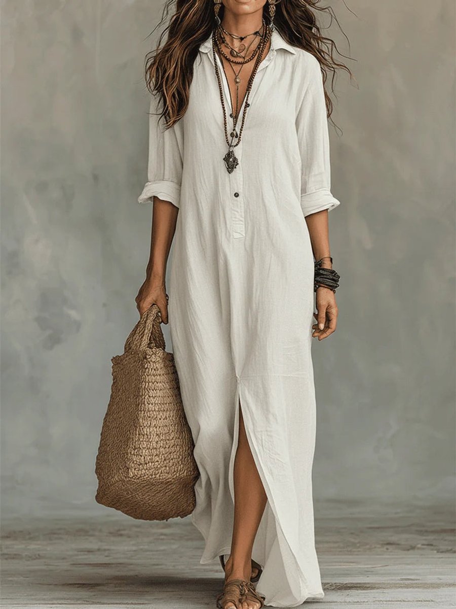 Nora Flowy Button-Front Maxi Shirt Dress