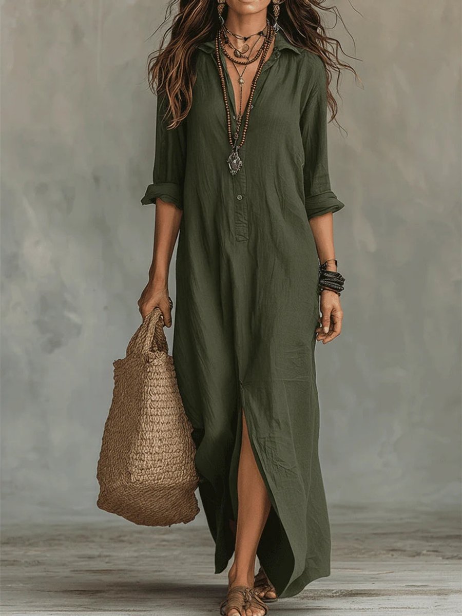 Nora Flowy Button-Front Maxi Shirt Dress