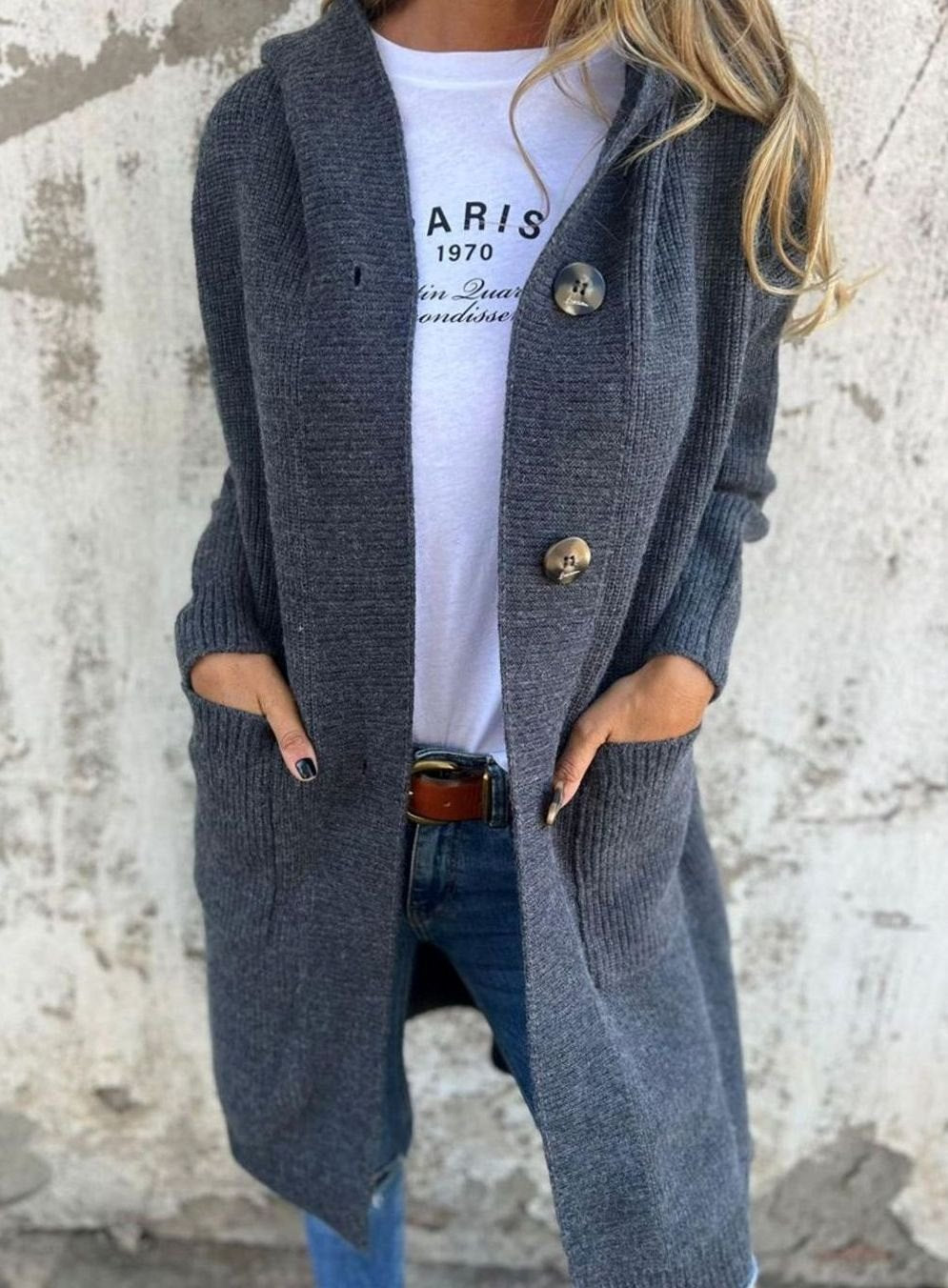 Emilia Long Hooded Button-Front Cardigan