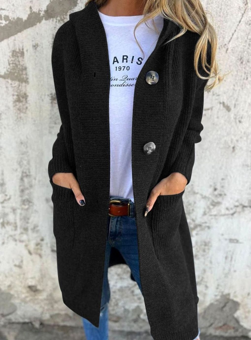 Emilia Long Hooded Button-Front Cardigan