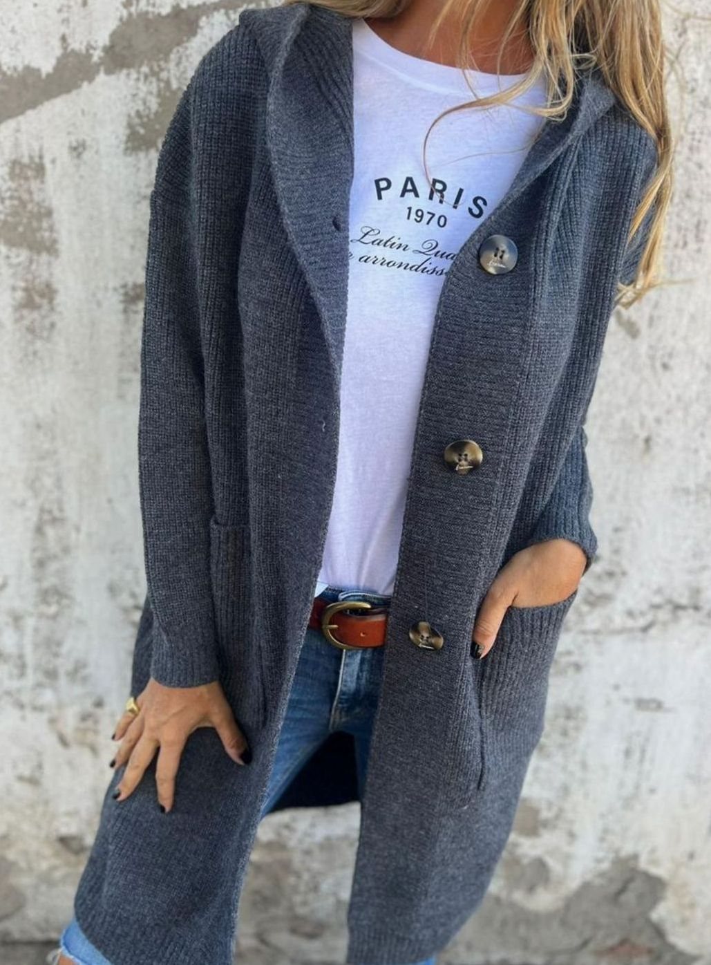 Emilia Long Hooded Button-Front Cardigan