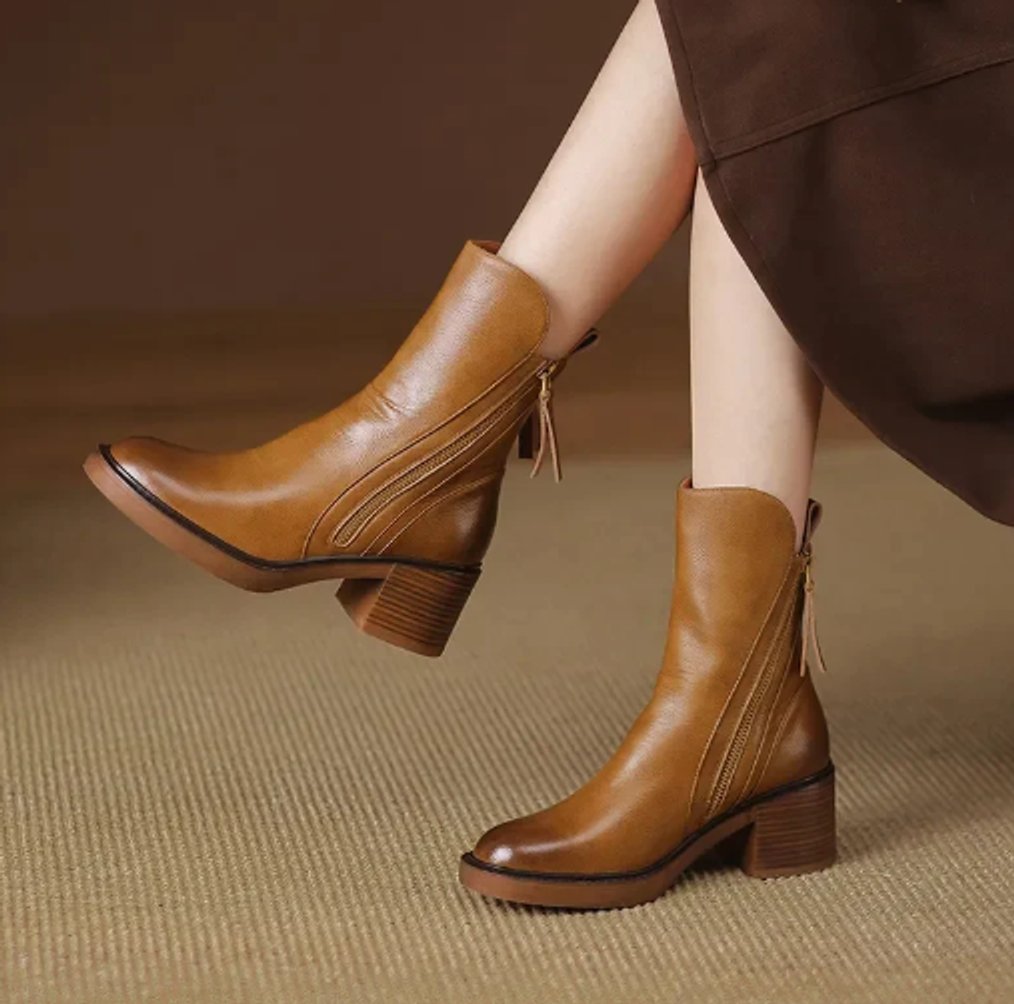 Charlotte Leather Block Heel Ankle Boots with Side Zip