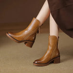 Charlotte Leather Block Heel Ankle Boots with Side Zip