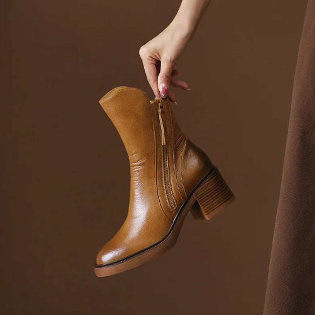 Charlotte Leather Block Heel Ankle Boots with Side Zip