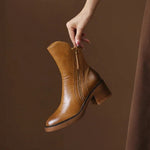 Charlotte Leather Block Heel Ankle Boots with Side Zip