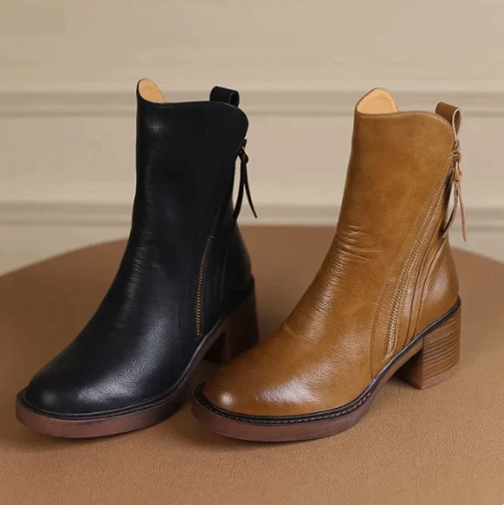 Charlotte Leather Block Heel Ankle Boots with Side Zip