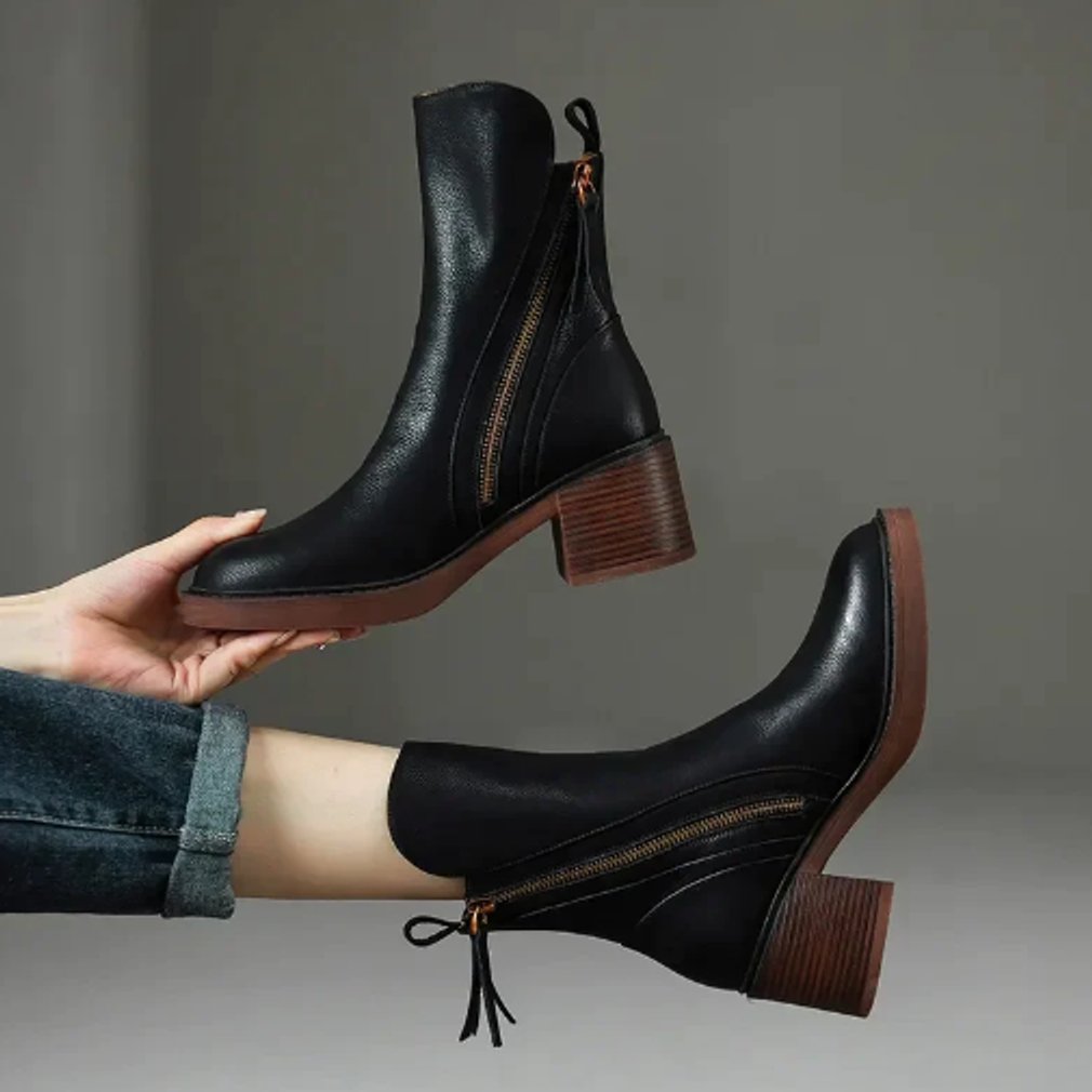 Charlotte Leather Block Heel Ankle Boots with Side Zip