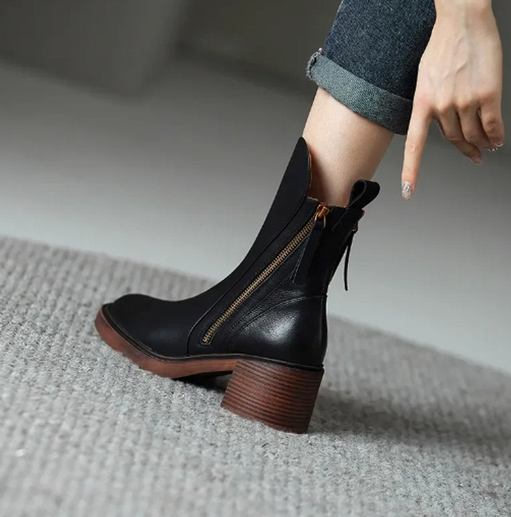 Charlotte Leather Block Heel Ankle Boots with Side Zip