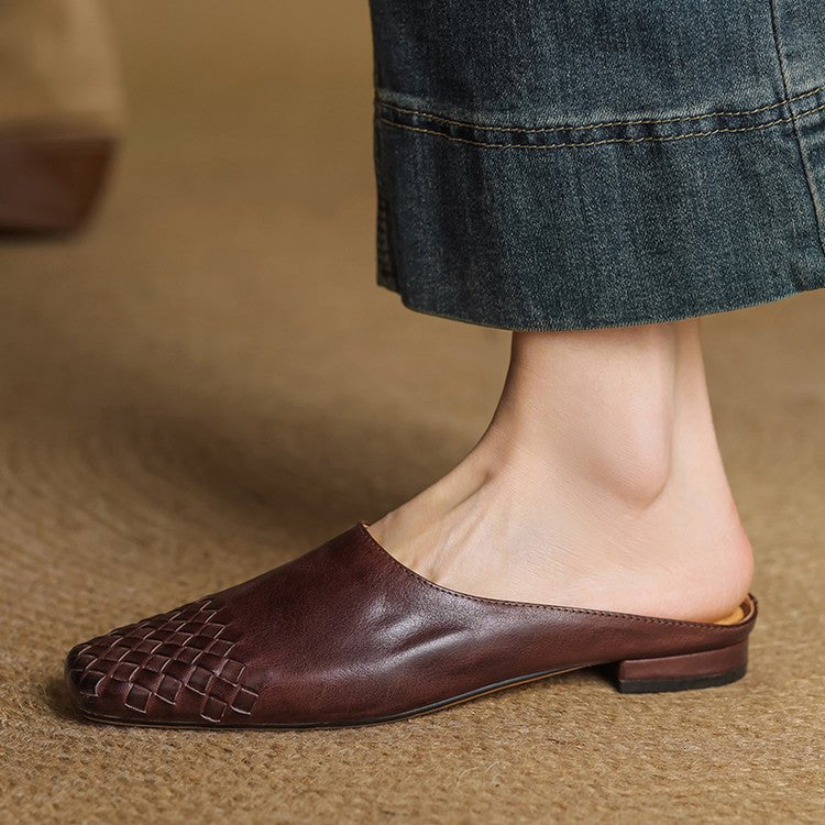 Lena Woven Leather Mules with Square Toe