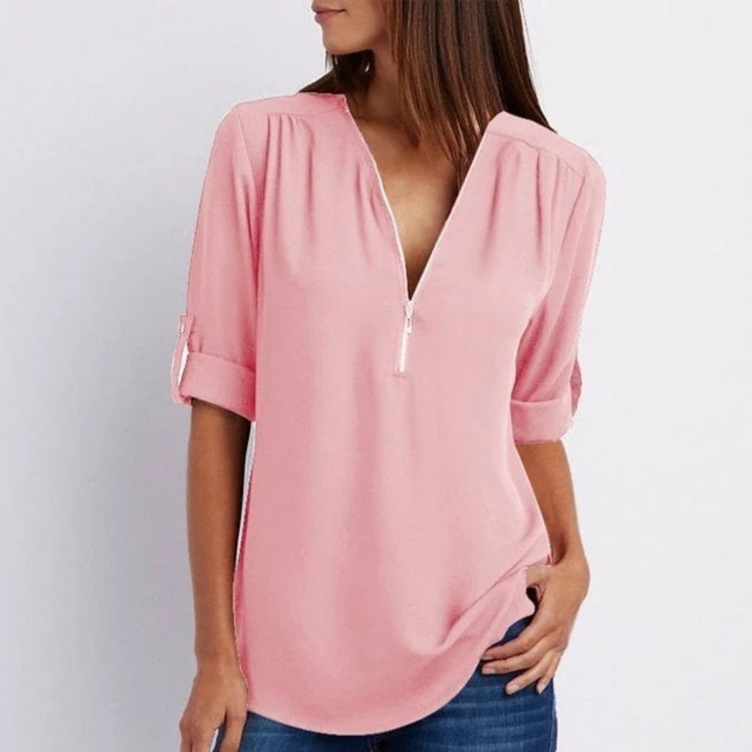 Marlene Zip V-Neck Roll-Sleeve Blouse