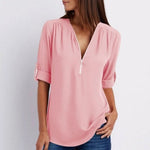 Marlene Zip V-Neck Roll-Sleeve Blouse
