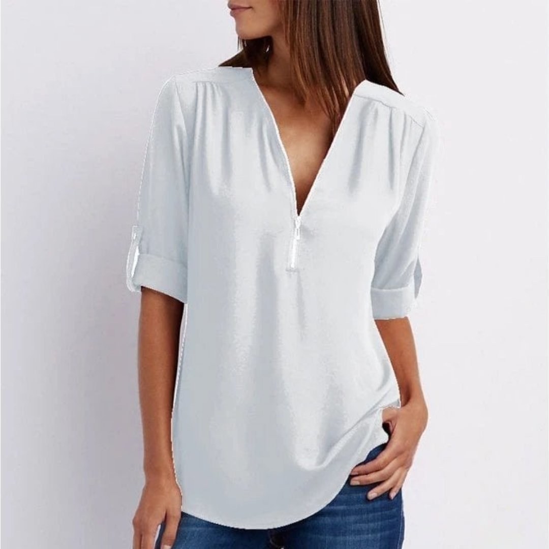 Marlene Zip V-Neck Roll-Sleeve Blouse