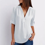 Marlene Zip V-Neck Roll-Sleeve Blouse