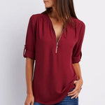 Marlene Zip V-Neck Roll-Sleeve Blouse