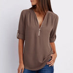 Marlene Zip V-Neck Roll-Sleeve Blouse