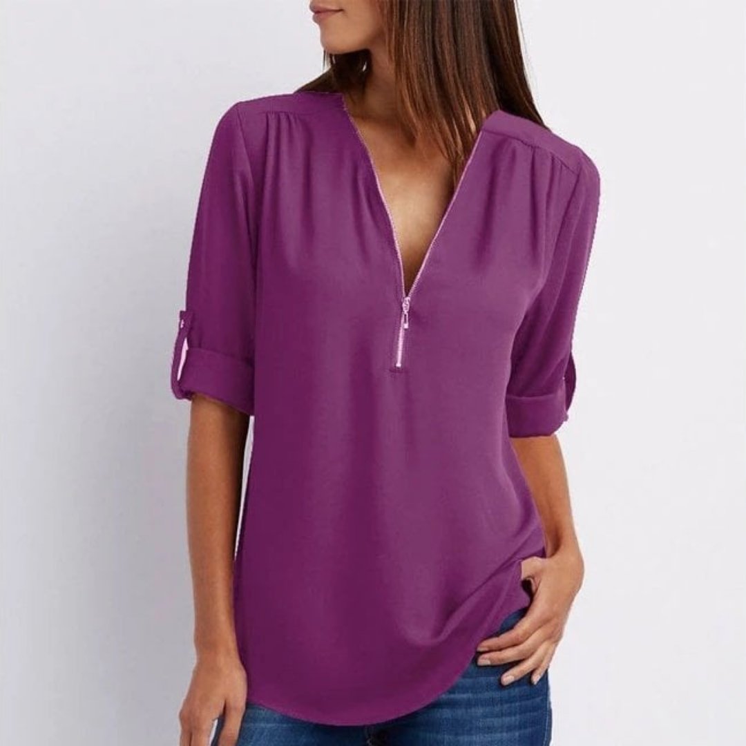 Marlene Zip V-Neck Roll-Sleeve Blouse
