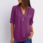 Marlene Zip V-Neck Roll-Sleeve Blouse