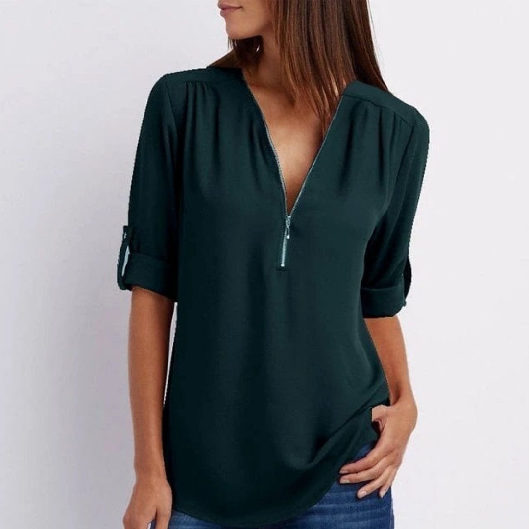 Marlene Zip V-Neck Roll-Sleeve Blouse