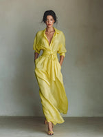 Emilia Linen-Cotton Maxi Shirt Dress with V-Neck