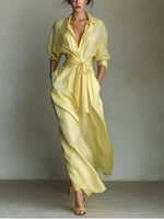 Emilia Linen-Cotton Maxi Shirt Dress with V-Neck