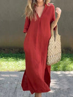 Mia Linen Cotton V-Neck Maxi Dress