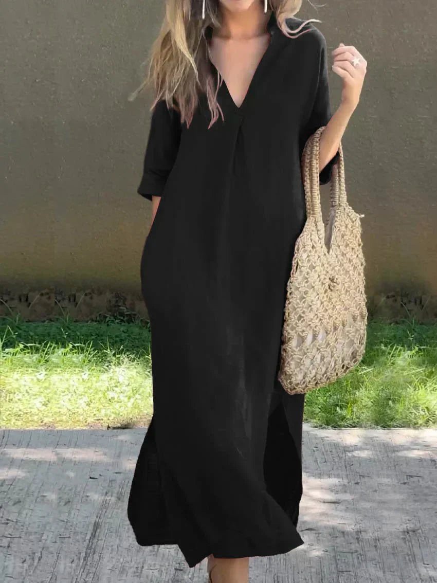 Mia Linen Cotton V-Neck Maxi Dress