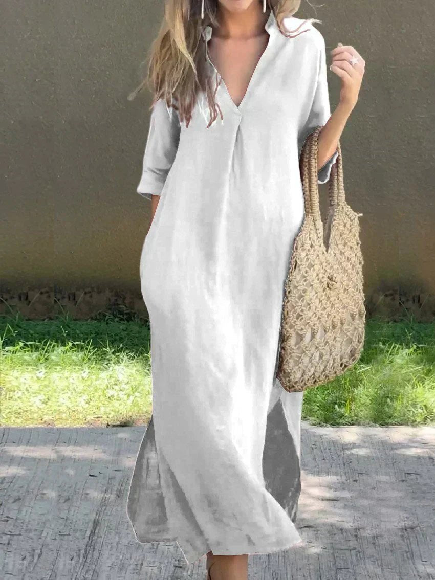Mia Linen Cotton V-Neck Maxi Dress
