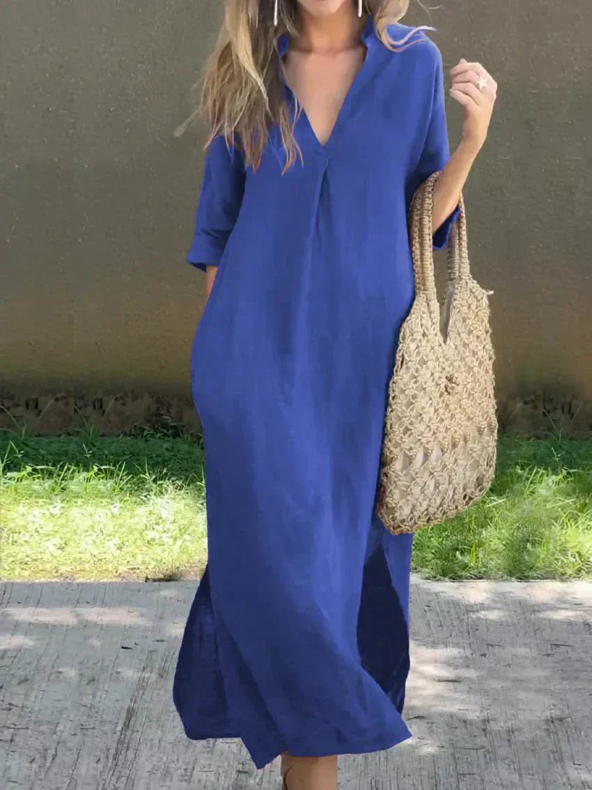 Mia Linen Cotton V-Neck Maxi Dress