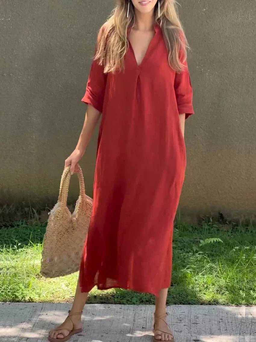 Mia Linen Cotton V-Neck Maxi Dress