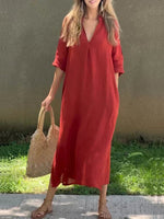 Mia Linen Cotton V-Neck Maxi Dress