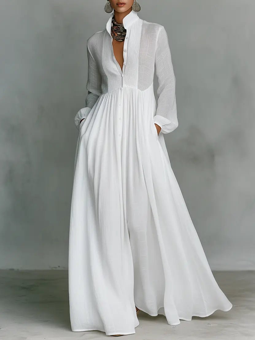Nora Linen-Cotton Stand Collar Button-Front Maxi Dress