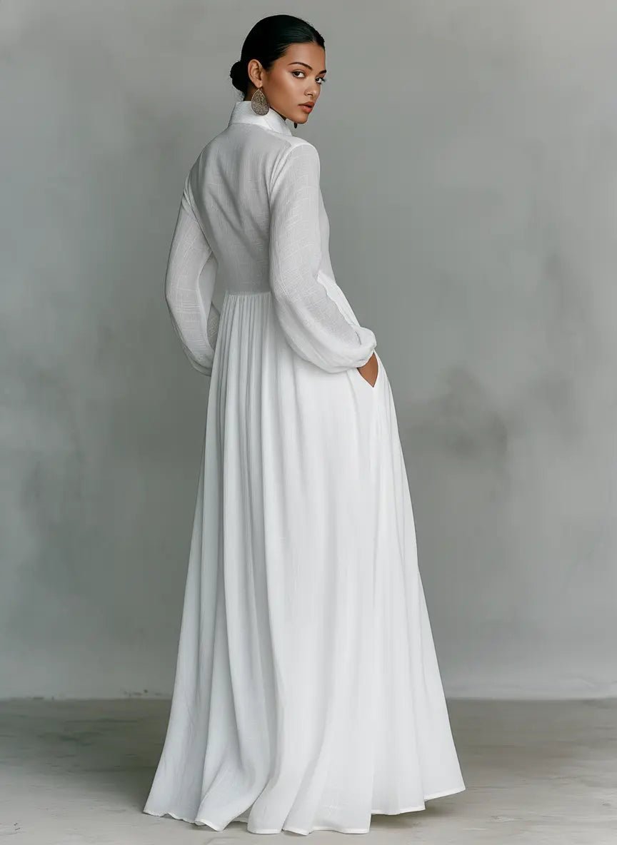 Nora Linen-Cotton Stand Collar Button-Front Maxi Dress