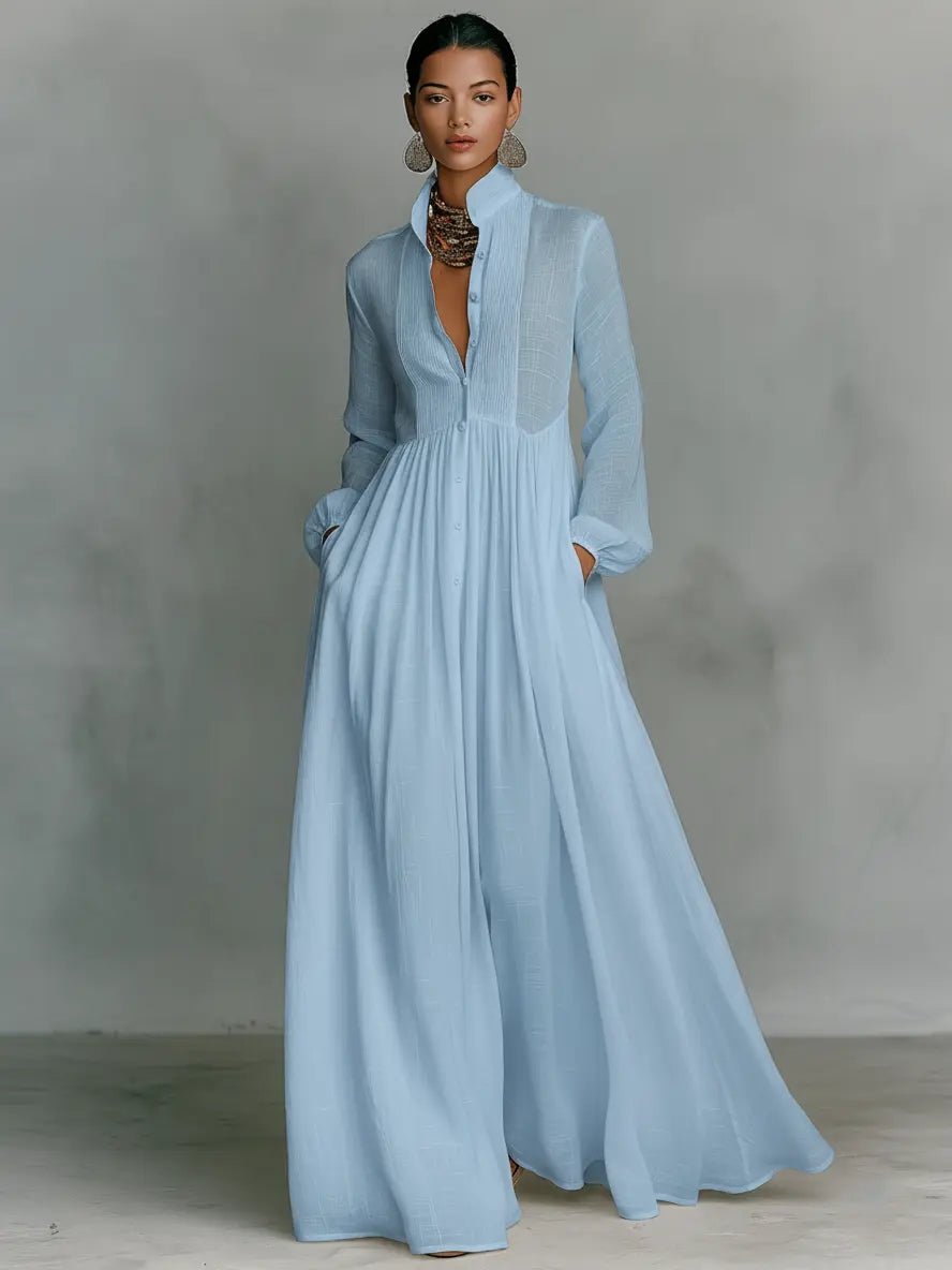 Nora Linen-Cotton Stand Collar Button-Front Maxi Dress