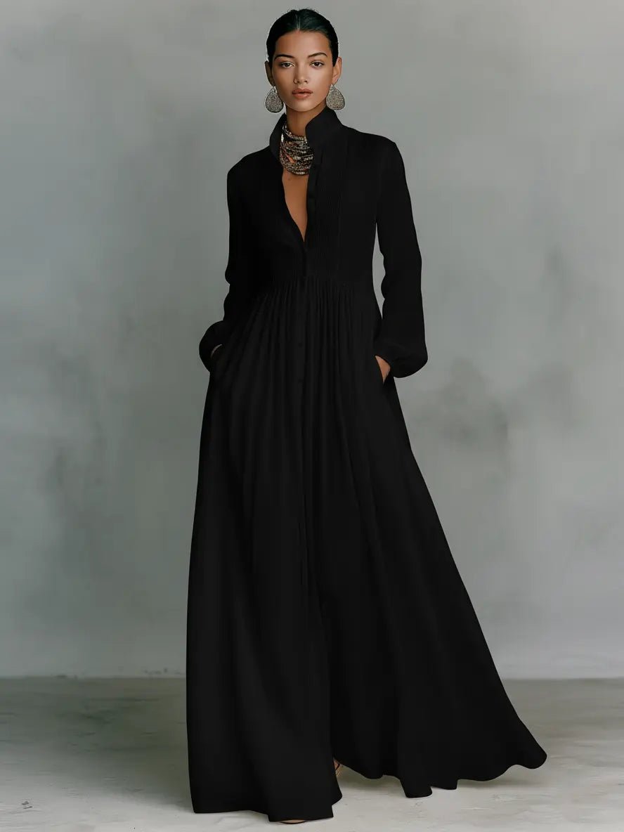 Nora Linen-Cotton Stand Collar Button-Front Maxi Dress