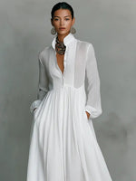 Nora Linen-Cotton Stand Collar Button-Front Maxi Dress