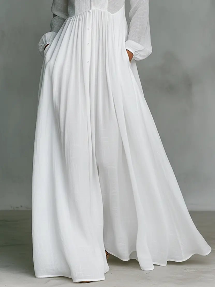 Nora Linen-Cotton Stand Collar Button-Front Maxi Dress